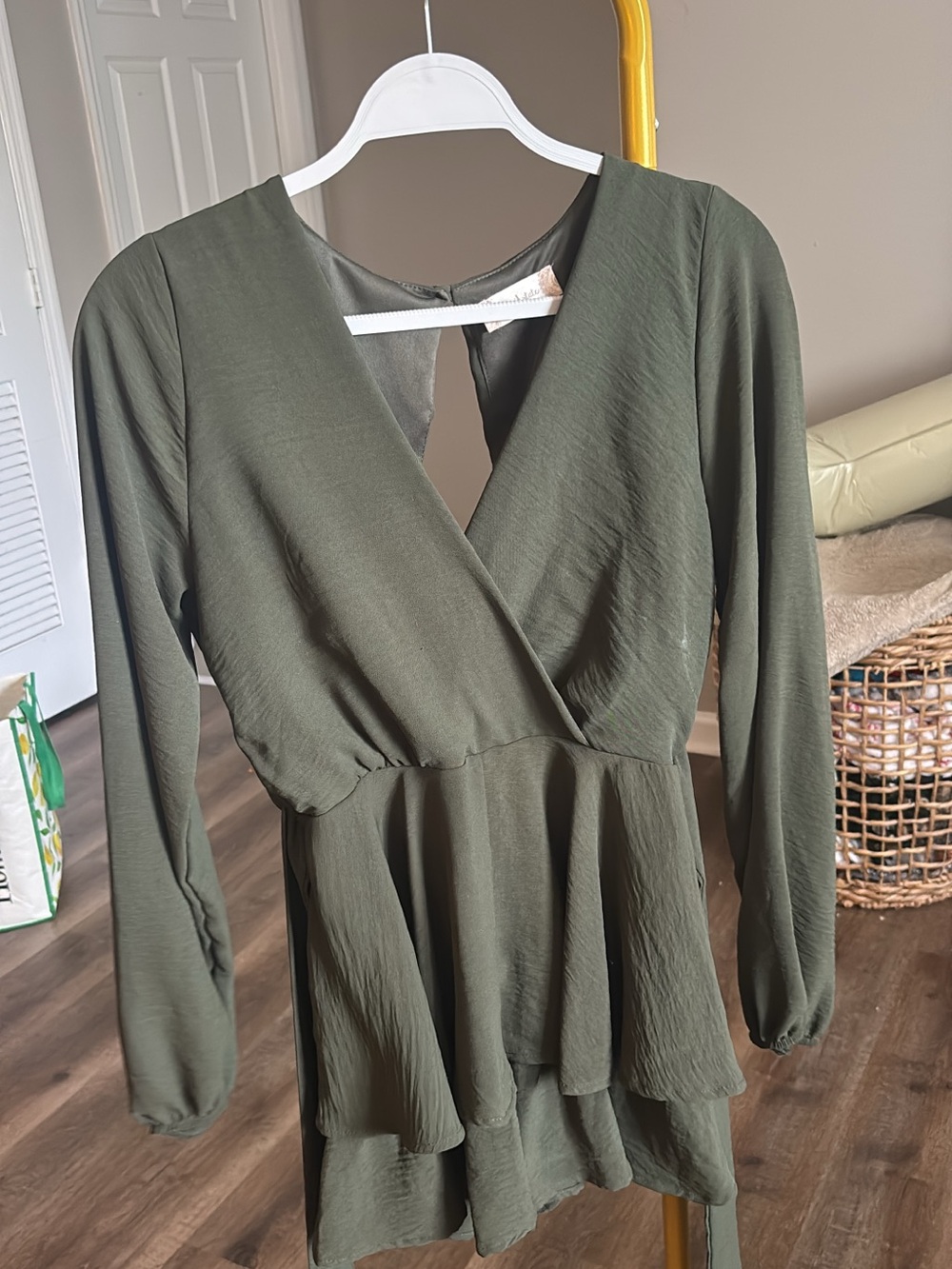 Altar'd State Olive Green Long-Sleeve Wrap Peplum Romper
